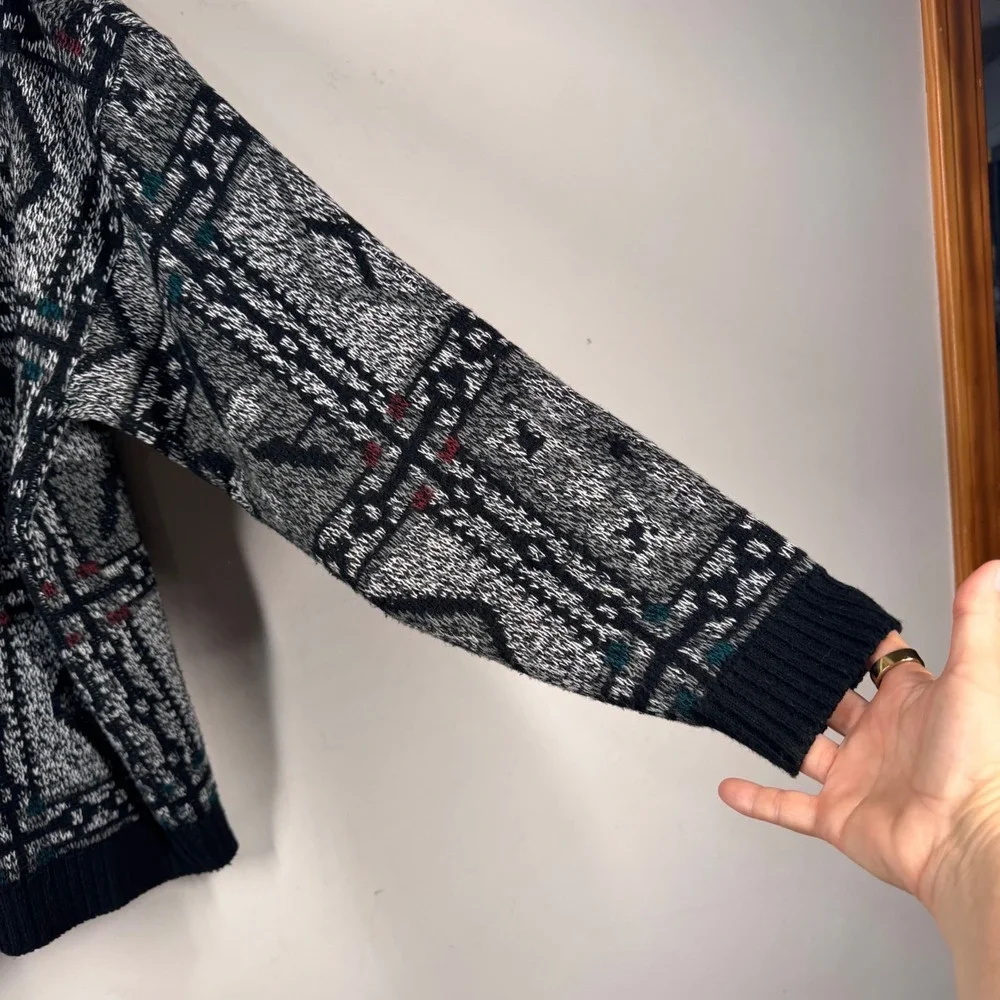 Michael Gerald Vintage Mens Cardigan Sweater Gray Geometric Knit Size M